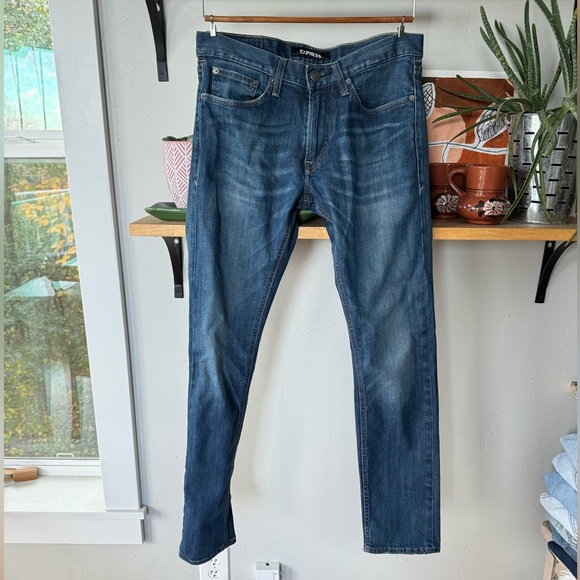 Express Slim Dark Wash Straight Leg Hyper Stretch Denim Jeans Size 30 X 32 - Picture 4 of 13